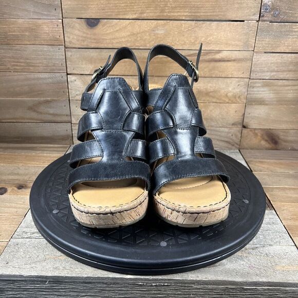 Born Womens Size 9M Lenore Leather Platform Wedge Sandal Black Shoes Open Toe - Picture 2 of 10